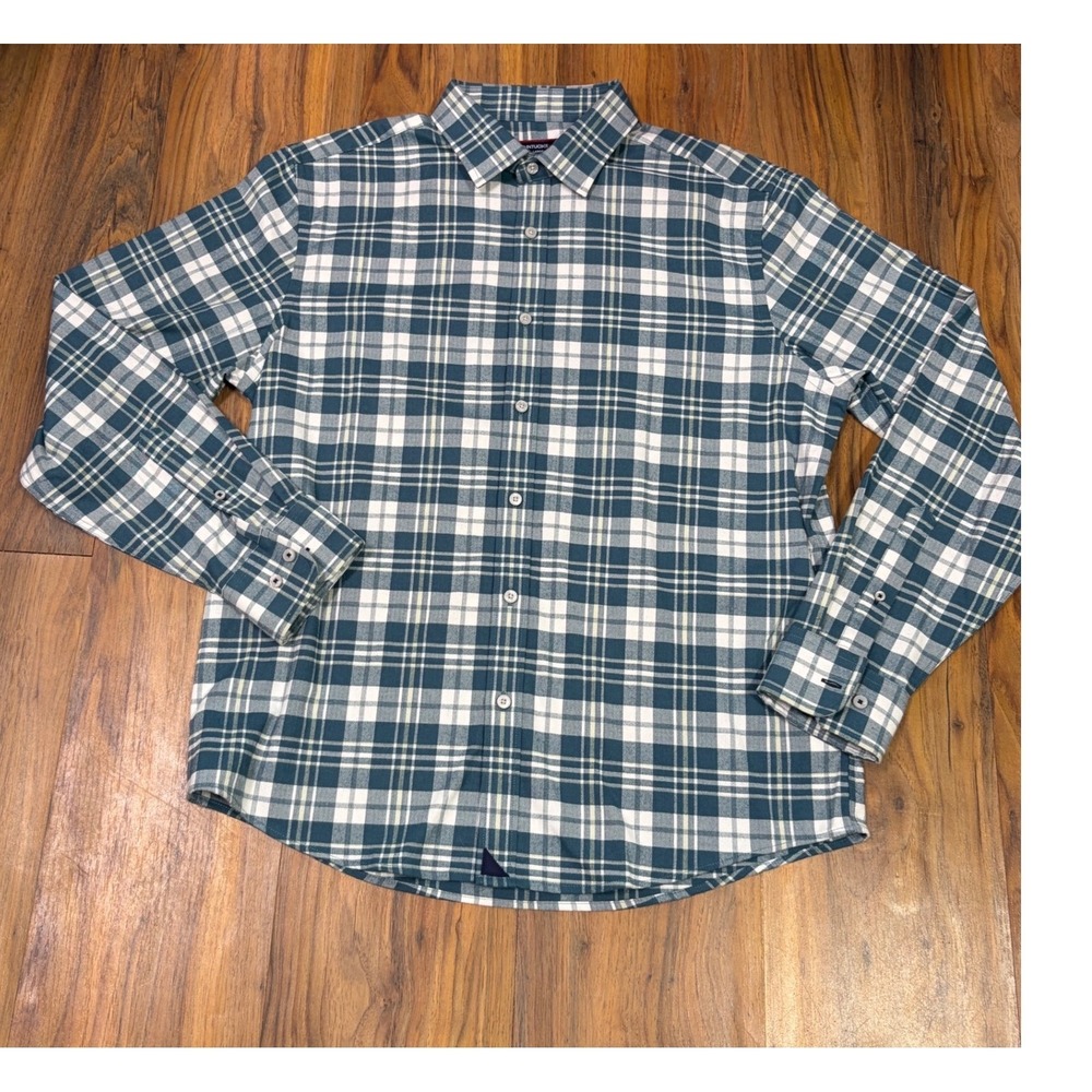 UNTUCKit Ferney Men's L Teal Plaid Performance Flannel Stretch Regular Fit